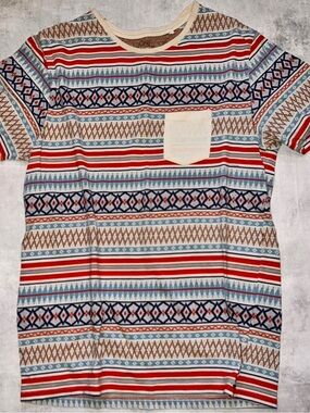 On The Byas Pacsun Striped Geo Pocket Tee in Red, Blue & Tan
